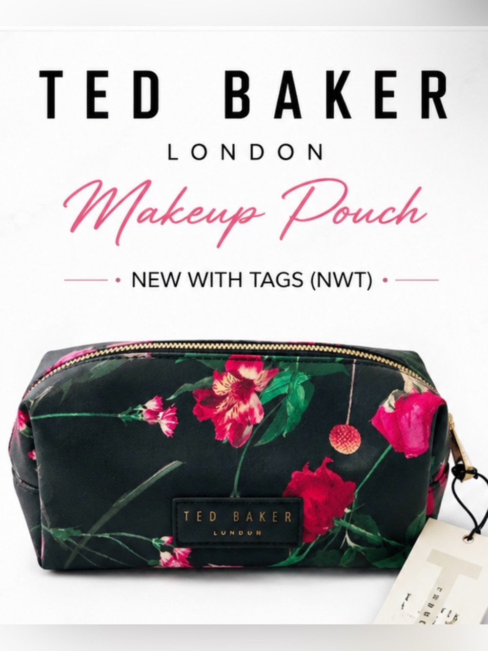 Ted Baker Black Floral Makeup Pouch with Pink Blooms